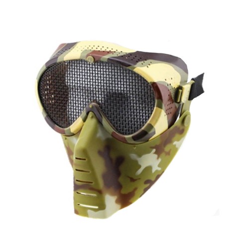 Sensei Mask (Camo), The Small Fly Mask offers effective eye and face protection for airsoft players, featuring a durable low-carbon steel mesh that shields against BB impacts while maintaining clear visibility